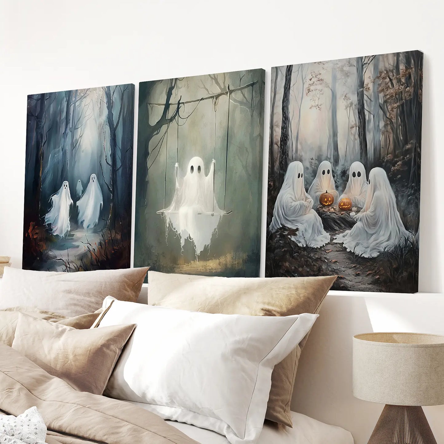 Ghost in a Dark Forest Halloween Printable Wall Prints. Stretched Canvas for Bedroom.