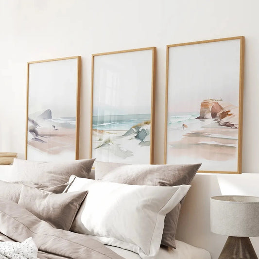Lake House Modern Wall Art Decor Posters. Thin Wood Frames Over the Bed.