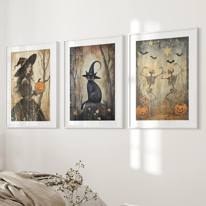 Black Cat Spooky Season Home Decor Art Posters. White Frames with Mat for Bedroom.