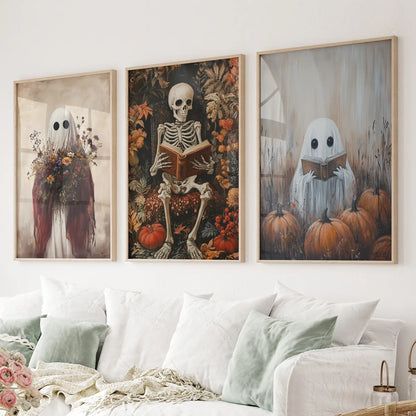 Cute Spooky Funny Ghost with Pumpkin Art Set Decor. Thinwood Frames for Living Room.