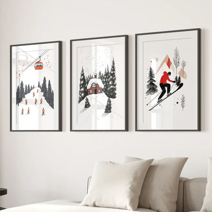 Winter Game Room Snowy Wall Art Modern Poster Decor. Black Frames with Mat Over the Couch.