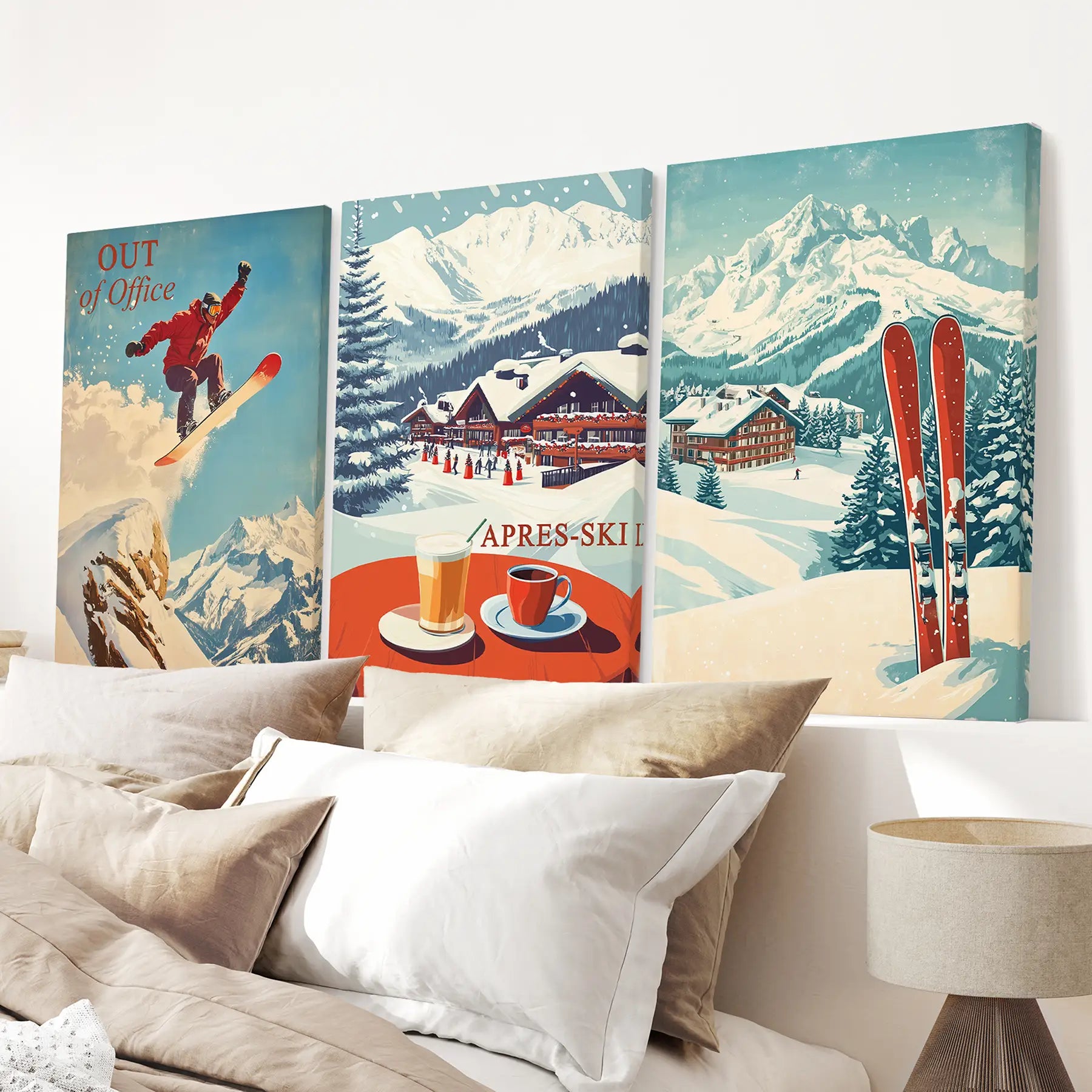Après ski coffee scene wall art, snowboard and skis winter decor. Stretched canvas above the bed.