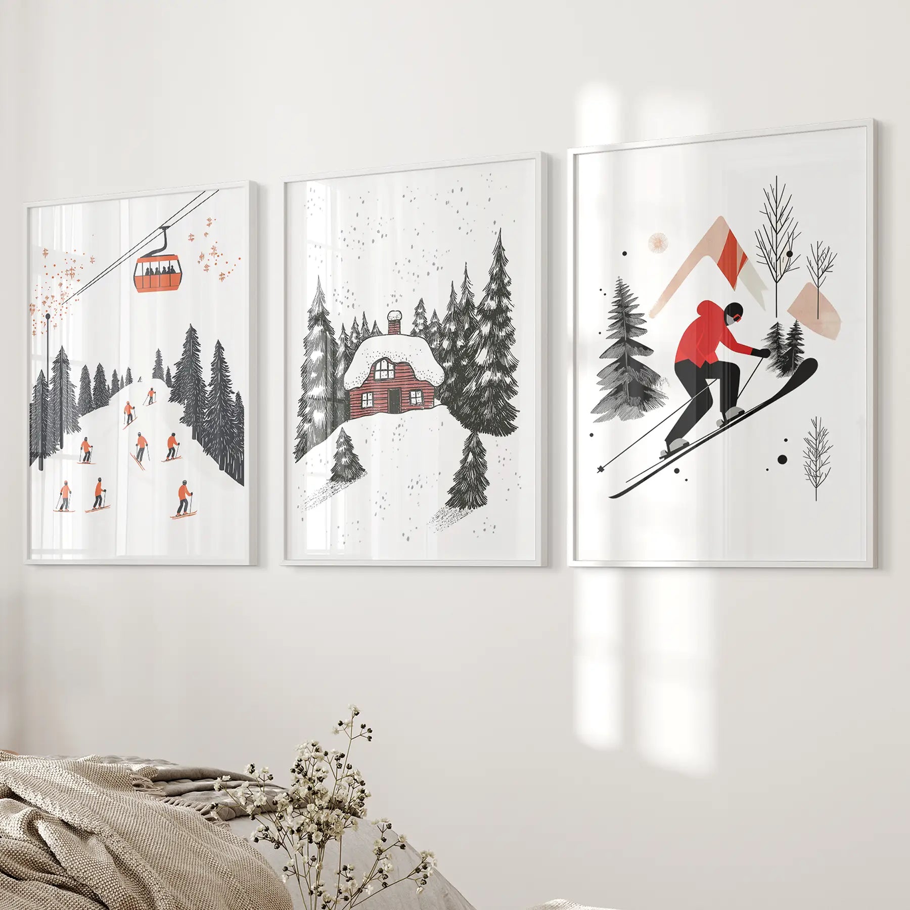 Travel Print Skiing Wall Decor Printable Trendy Art. White Frames Above the Bed.