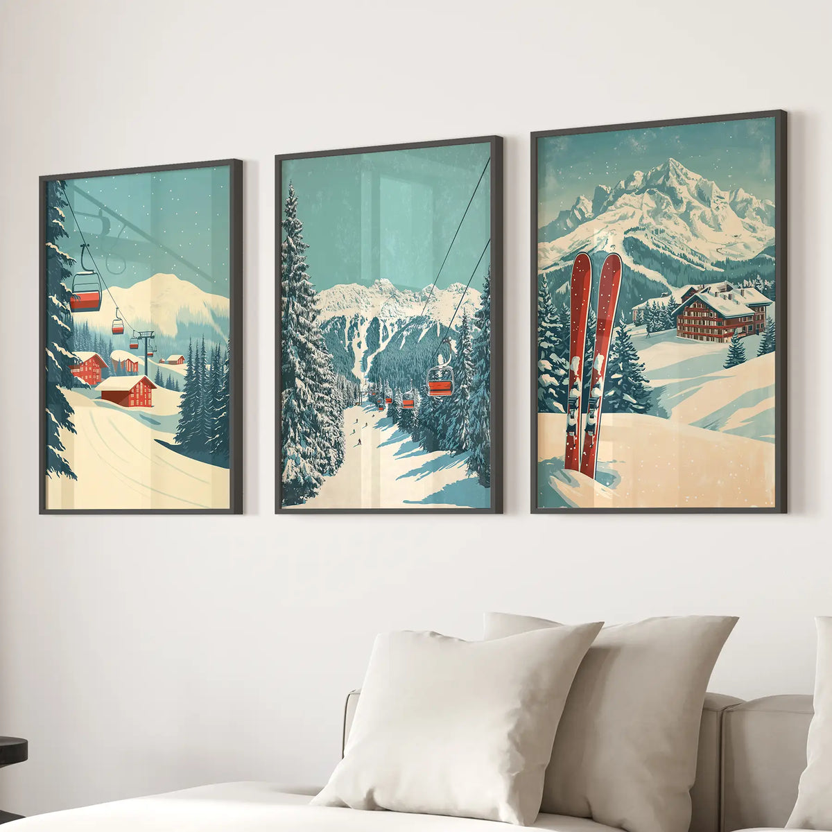 Skiing Poster Snowy Mountain Wall Art Set Decor