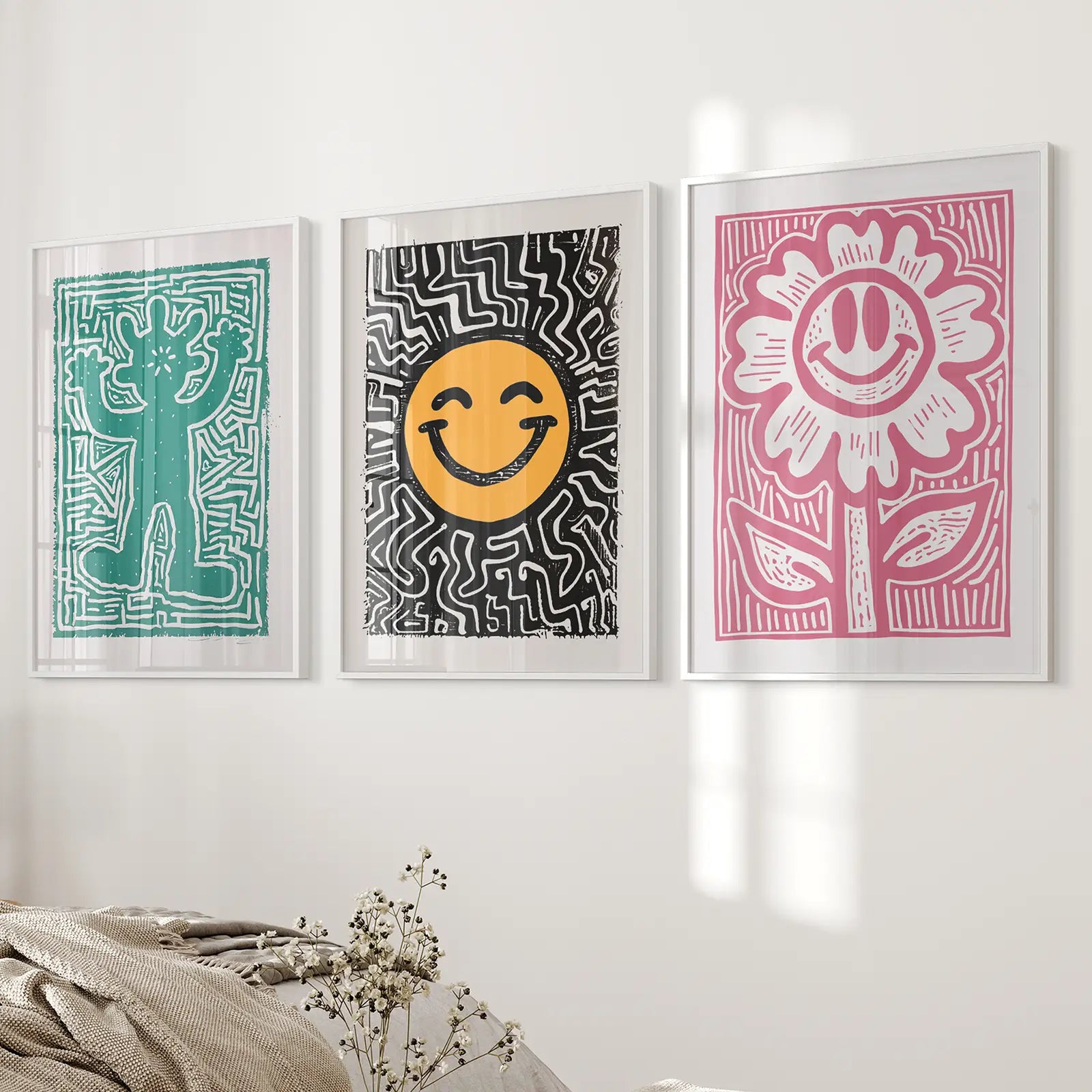 Quirky Wall Art Boho Room Decor Print . White Frames Above the Bed.