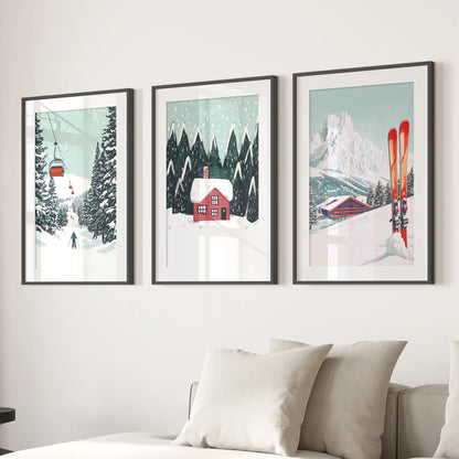 Snowy Forest Prints Ski Art Cottage Decor Wall Set. Black Frames with Mat for Living Room.