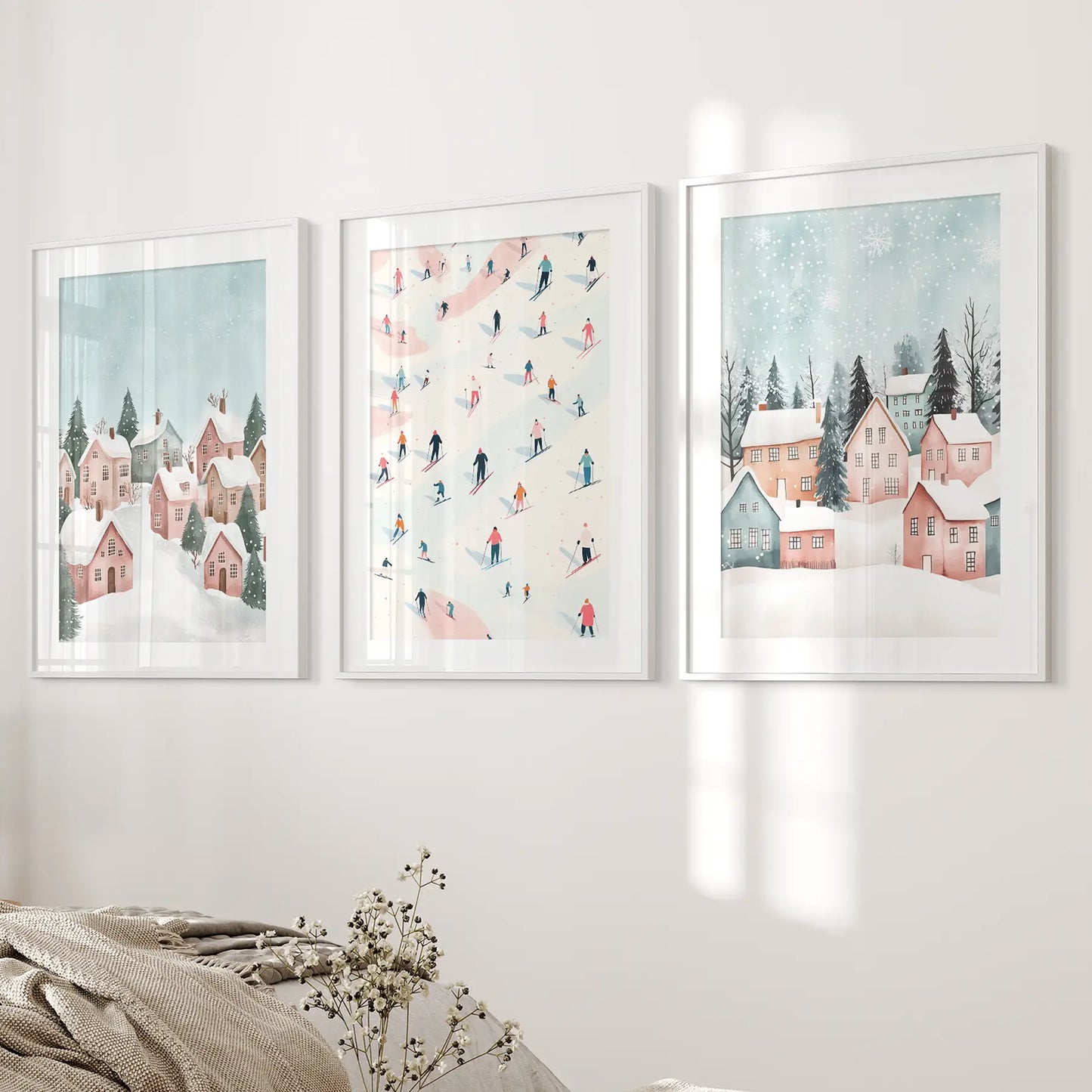 Snow Landscape Winter Village Room Decor Posters. White Frames with Mat Above the Bed.