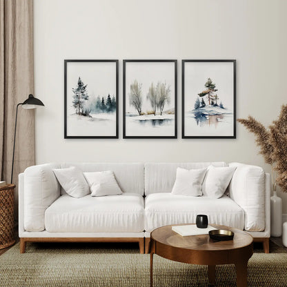 Trendy Watercolor Snowy Forest Print Poster. Black Frames Above the Sofa.