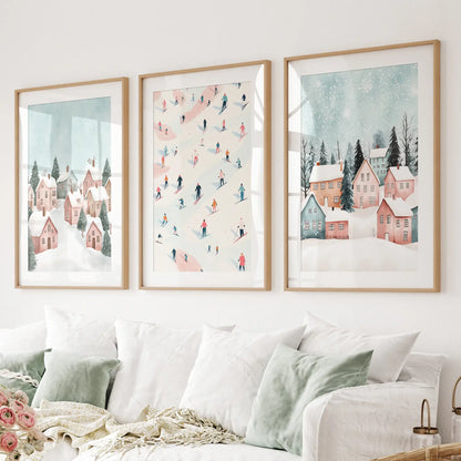 Cute Winter Town Cottage Seasonal Art Modern Decor. Thinwood Frames with Mat Above the Sofa.