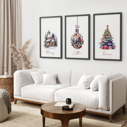 Cute Christmas Painting Nursery Wall Art Decor. Black Frames Above the Sofa.