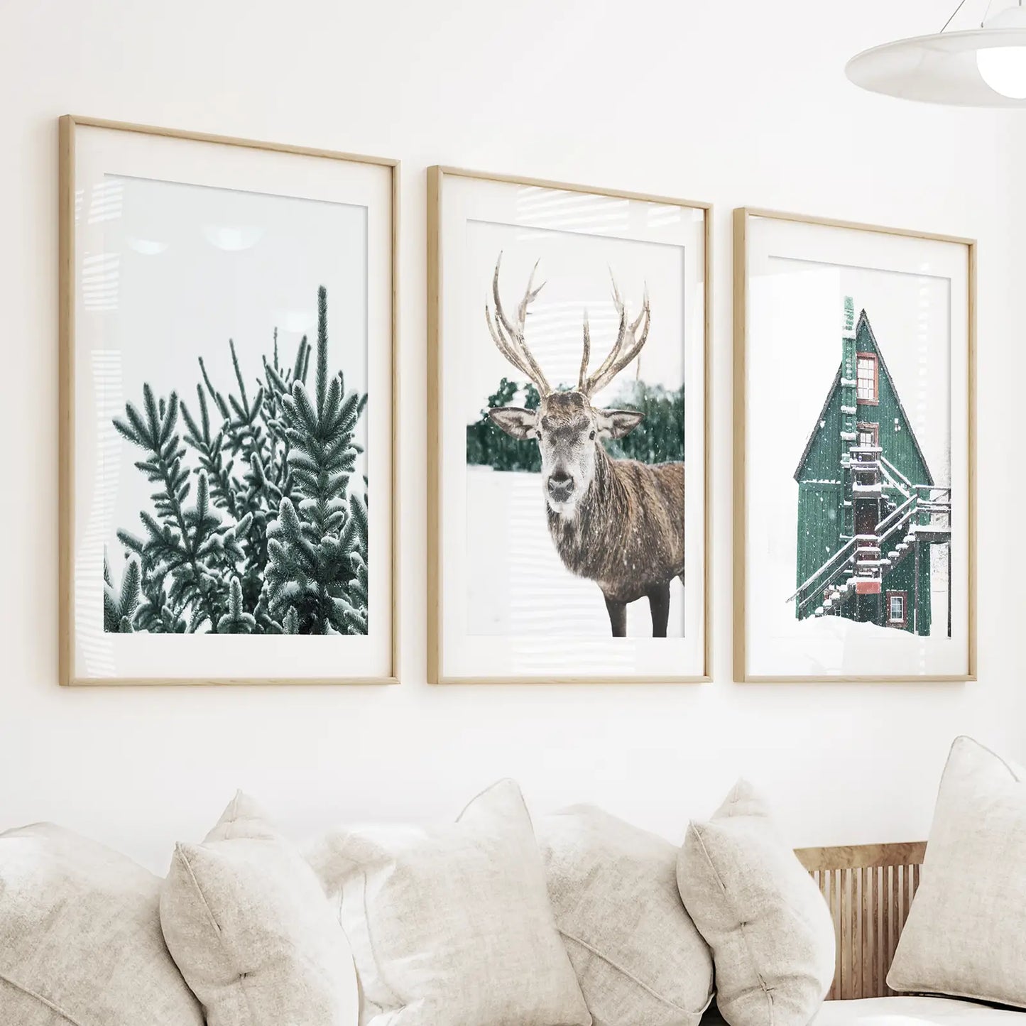 Rustic Christmas Wall Art Set. Trees, Deer, Green Log Cabin