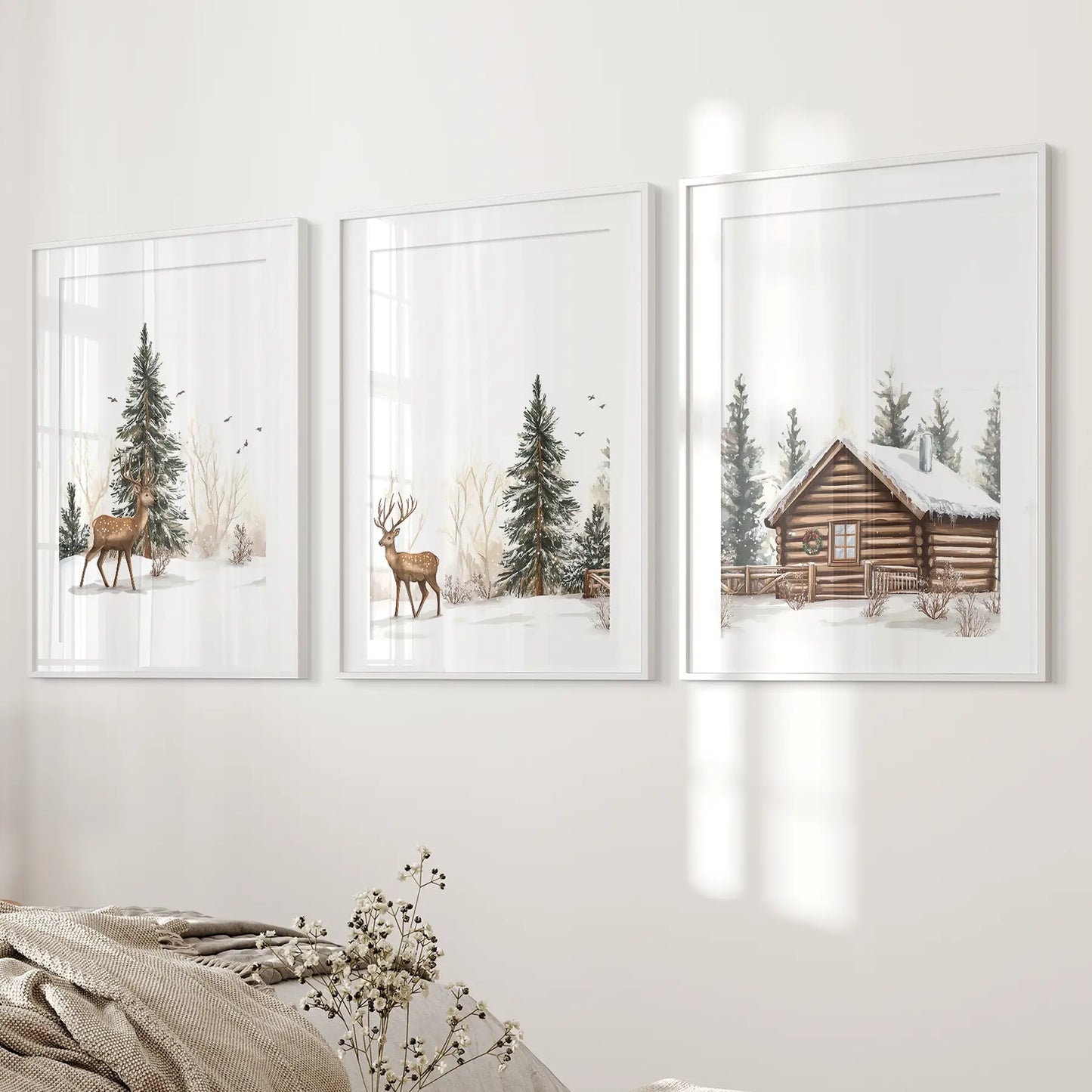 Deer in snowy pine forest wall art. Rustic lodge home decor. White frames with mat for bedroom.