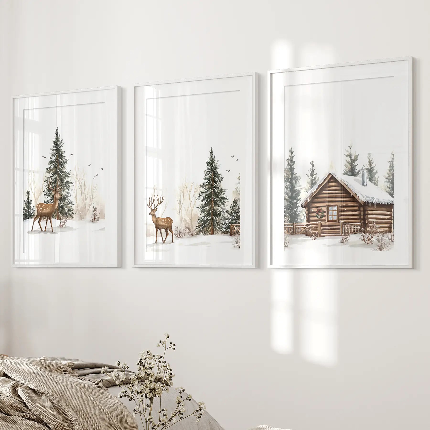 Deer in snowy pine forest wall art. Rustic lodge home decor. White frames with mat for bedroom.