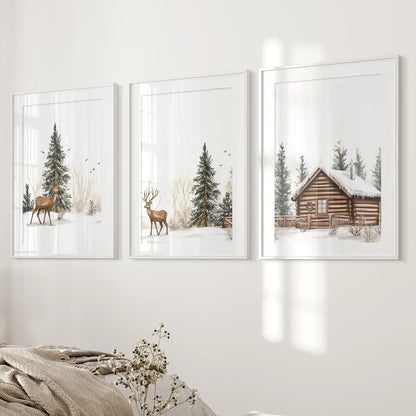 Deer in snowy pine forest wall art. Rustic lodge home decor. White frames with mat for bedroom.