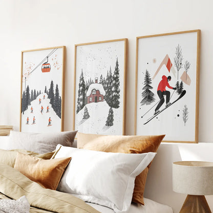 Ski Slopes Wall Decor Modern Winter Art Posters. Thinwood Frames for Bedroom.