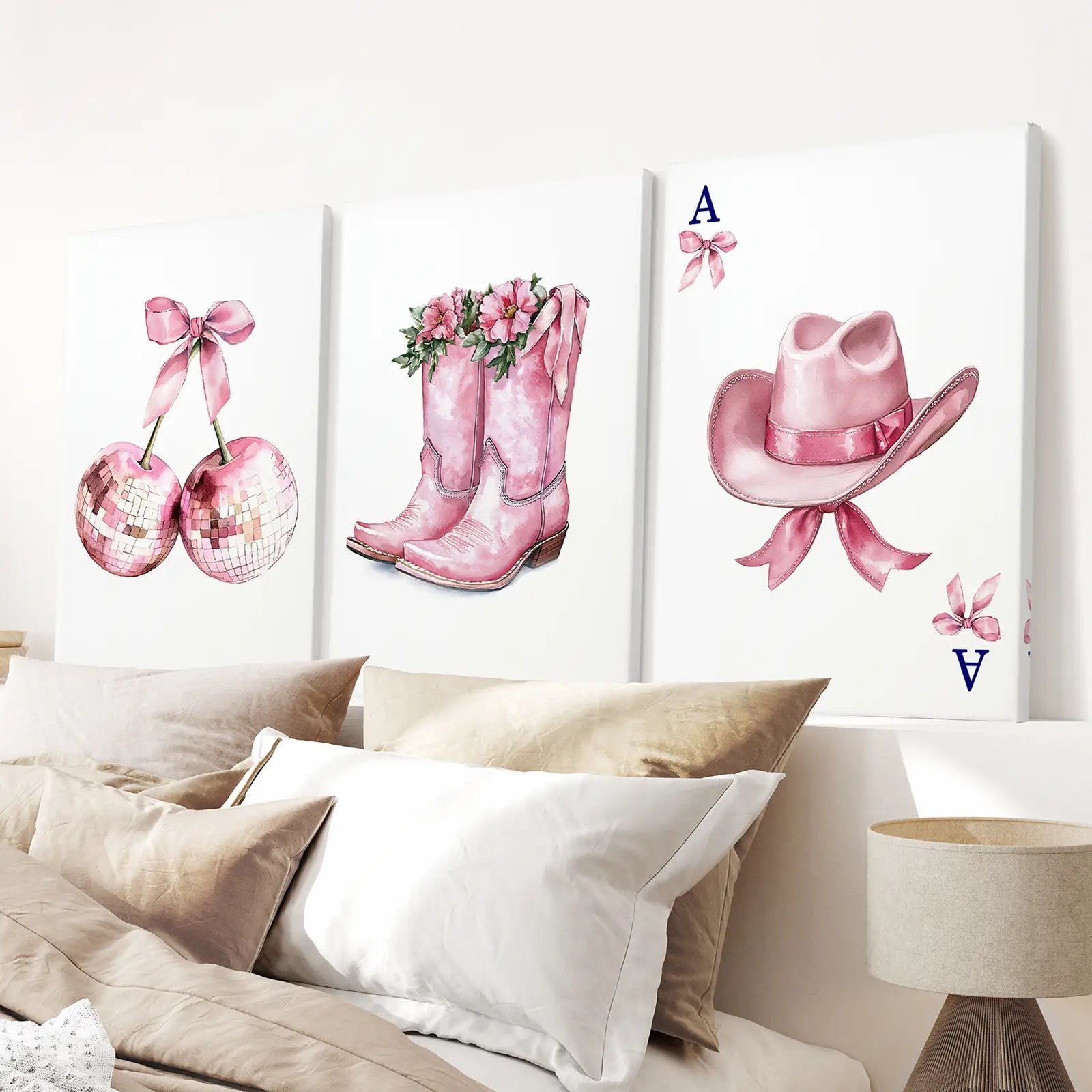 Coquette Bow Boots Pink Modern Art Decor Prints. Stretched Canvas Over the Bed.