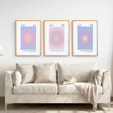 Load image into Gallery viewer, Set of 3 Prints Aura Energy Decor. Thin Wood Frames with Mat Over the Coach.
