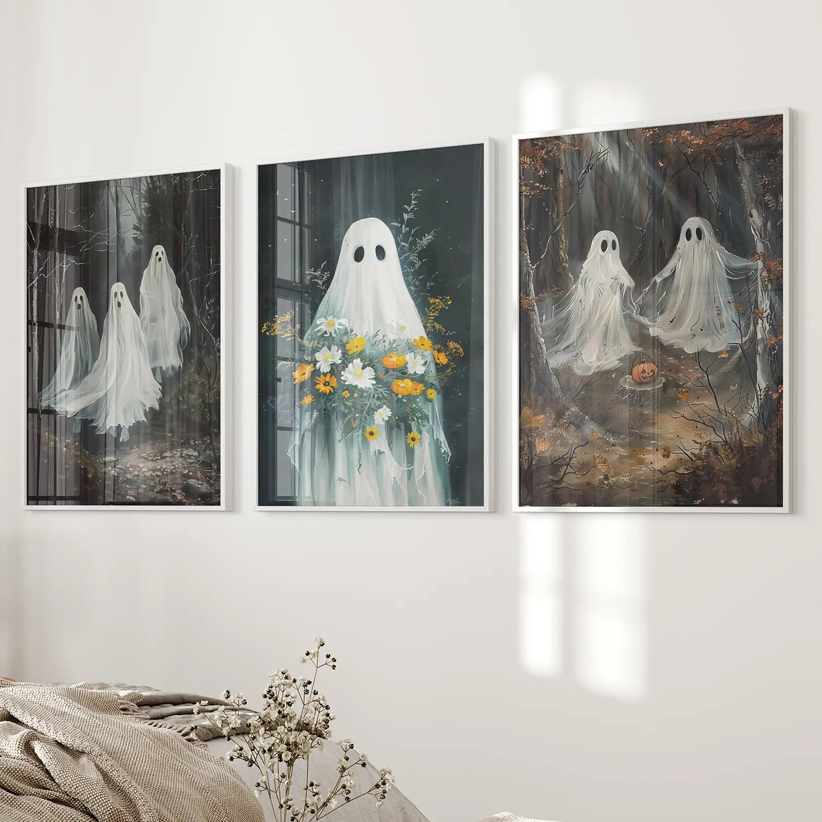 Modern Ghost with Wildflower Art Print Set. White Frames Above the Bed.