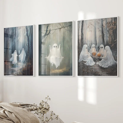 Spooky Trees Halloween Best Selling Wall Art Posters. White Frames Above the Bed.