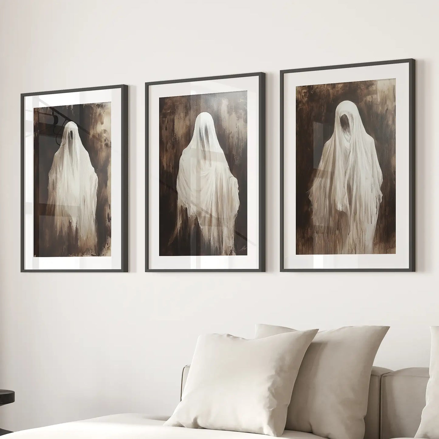 Trendy Spooky Ghost Wall Art Home Decor Print Set. Black Frames with Mat Over the Couch.