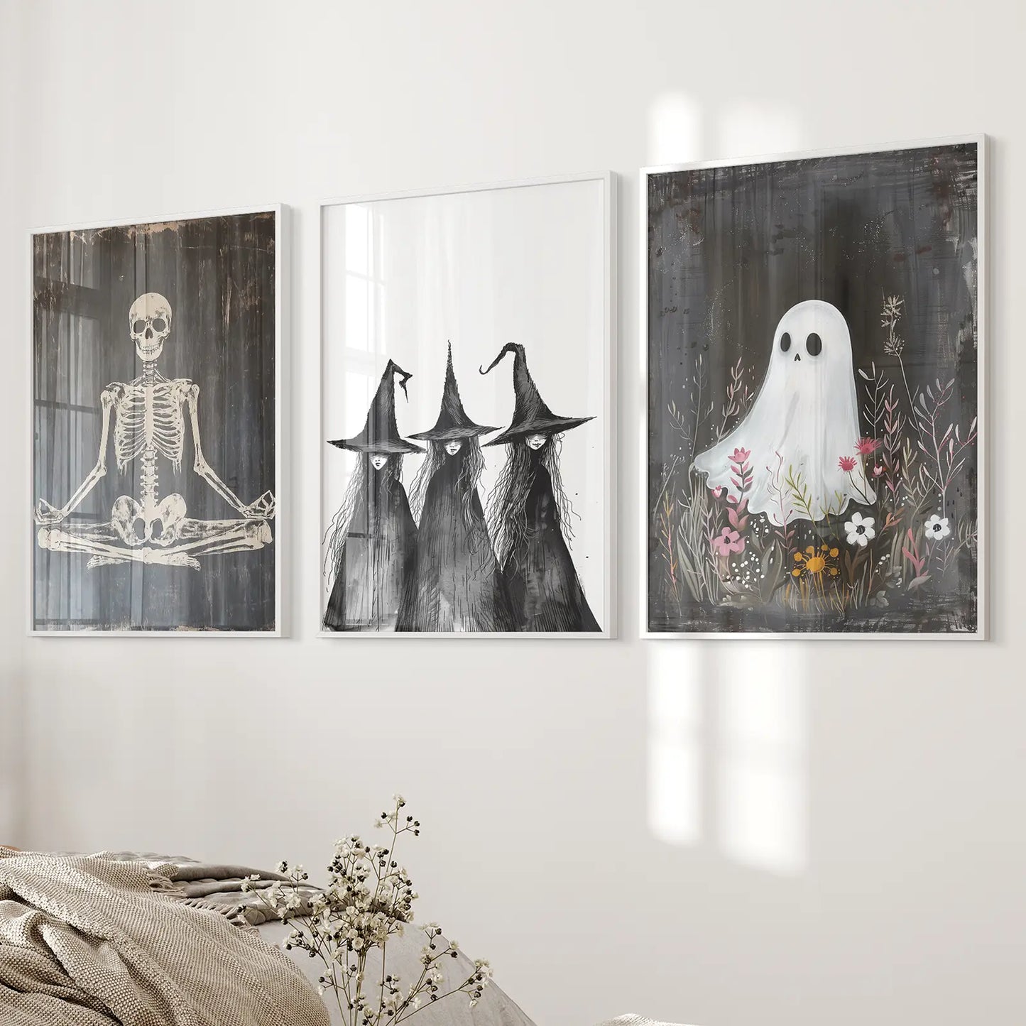 Boo Wall Art Dark Halloween Fall Holiday Prints. White Frames for Bedroom.