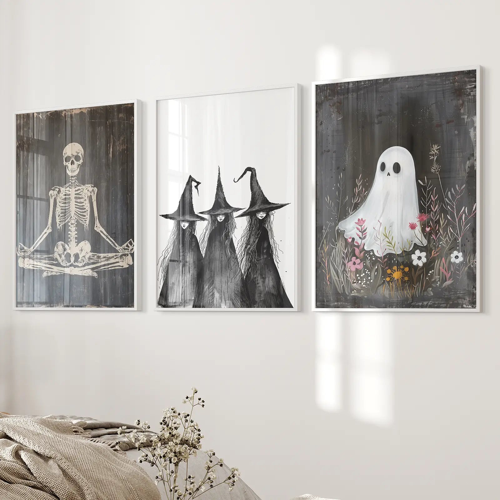 Boo Wall Art Dark Halloween Fall Holiday Prints. White Frames for Bedroom.