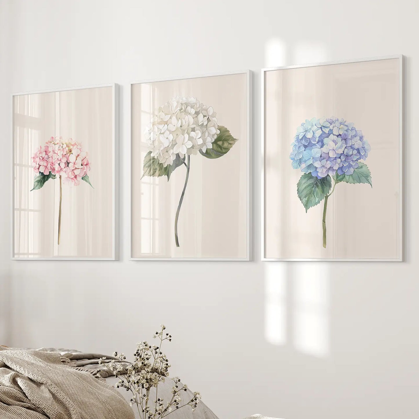 Botanical Minimalist Modern Floral Print Poster. White Frames Over the Bed.