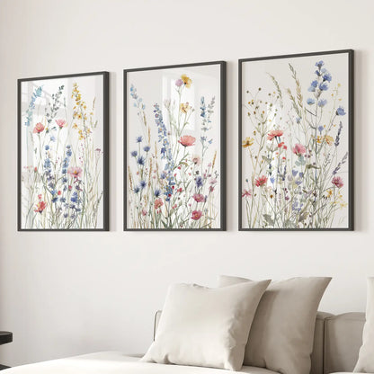 Watercolor Modern Poster Wall Art Decor Set. Black Frames Over the Couch.