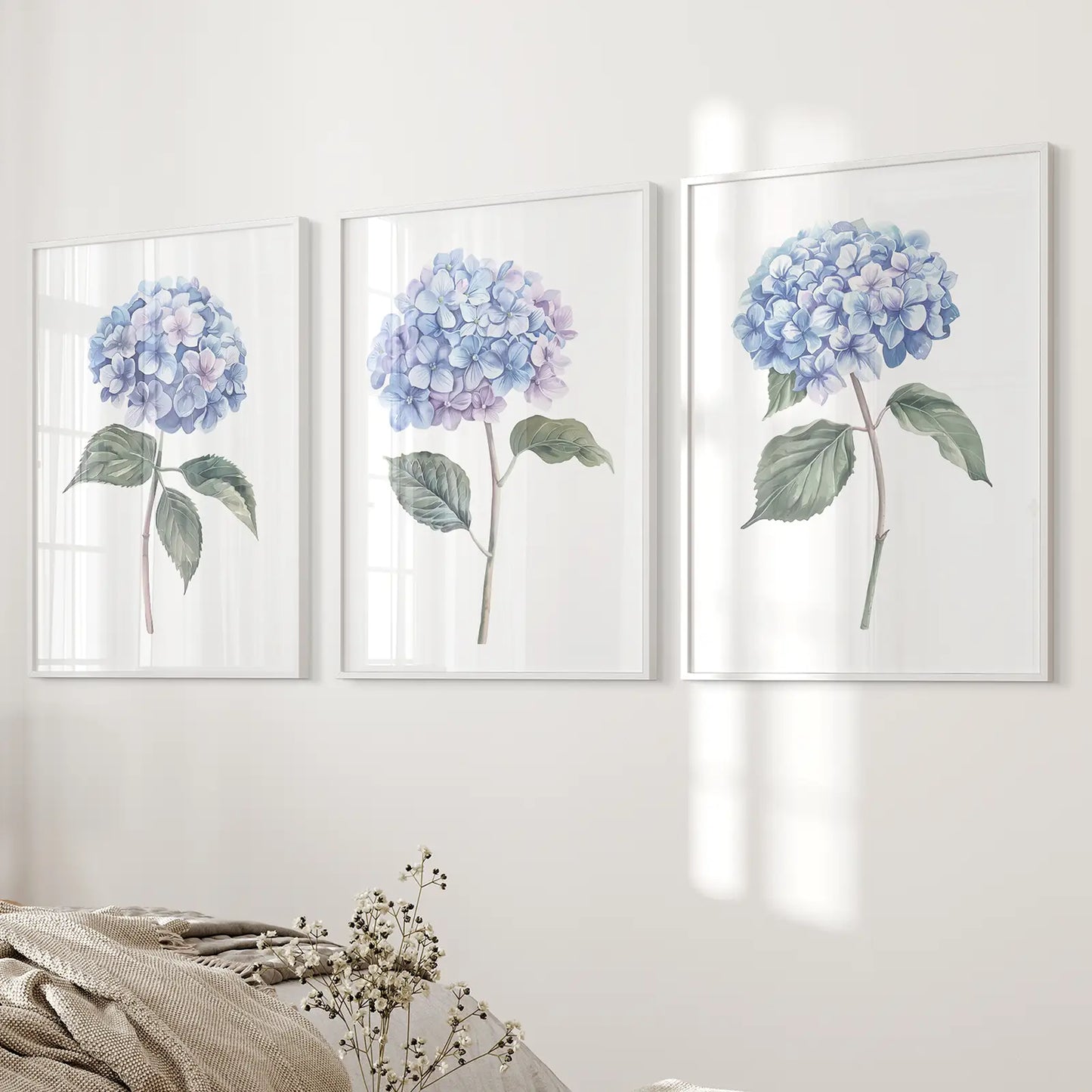 Minimalist Watercolor Botanical Print Posters. White Frames for Bedroom.