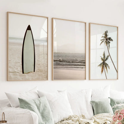 Beige Tones Coastal Wall Art. Surfboard, Ocean Beach, Palm