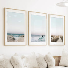 Load image into Gallery viewer, Ocean Surfing 3 Piece Wall Art. Blue Waves, Sandy Beach Path
