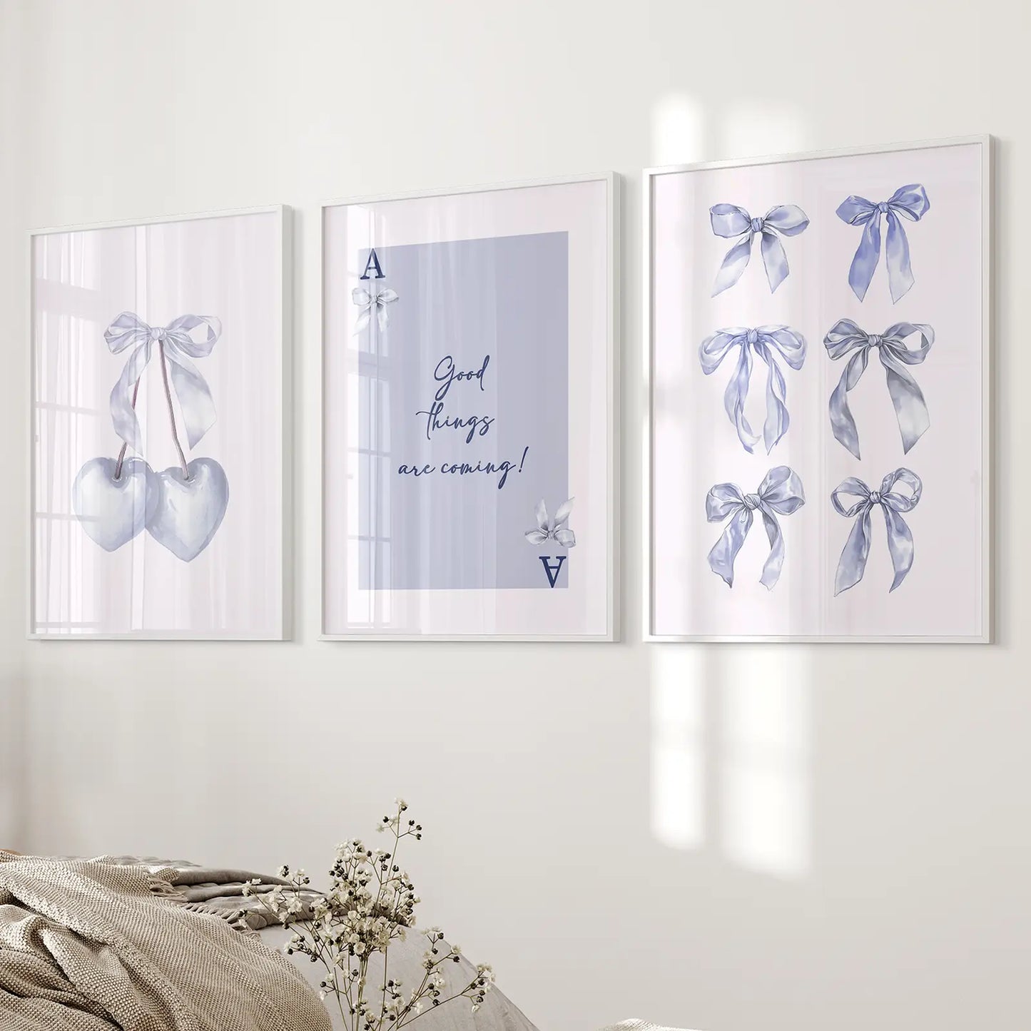 Blue Ace Card Print Aesthetic Wall Art Girly Room Decor. White Frames for Bedroom.