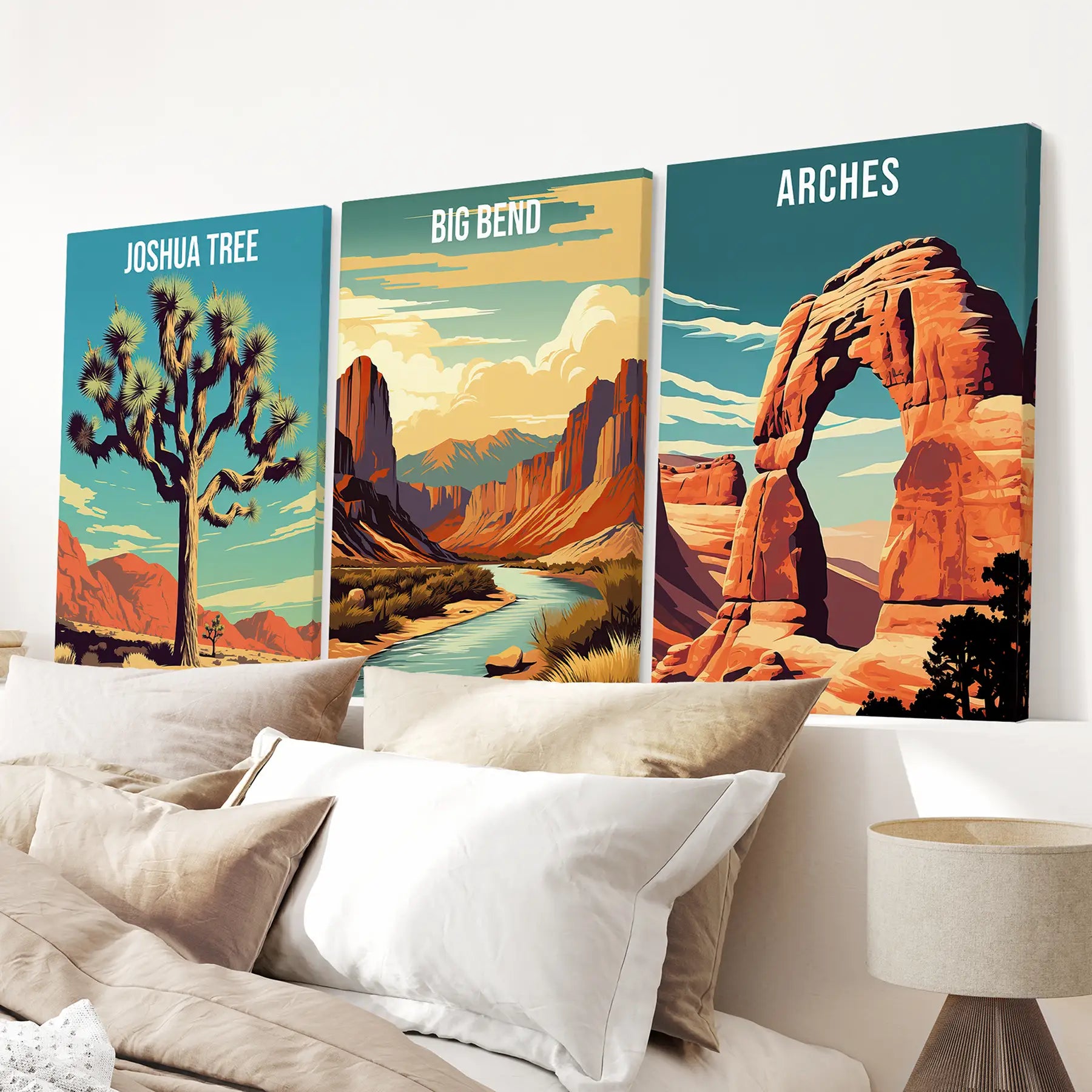 Three scenic posters of Joshua Tree, Big Bend, and Arches. National Park Art Lovers. Stretched Canvas for Bedroom.