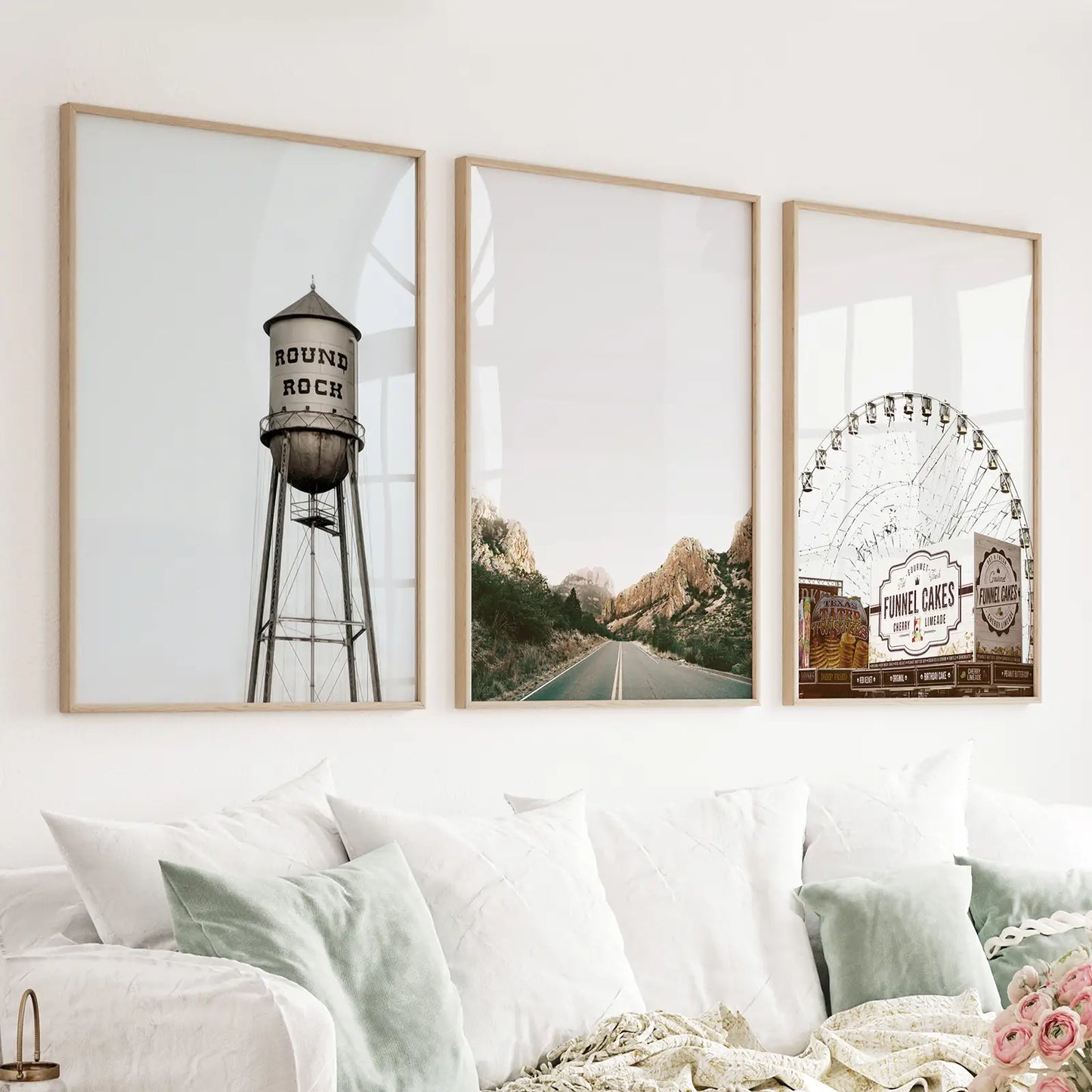 Texas Travel Set of 3 Prints. Water Tower, Ferris Wheel, Road