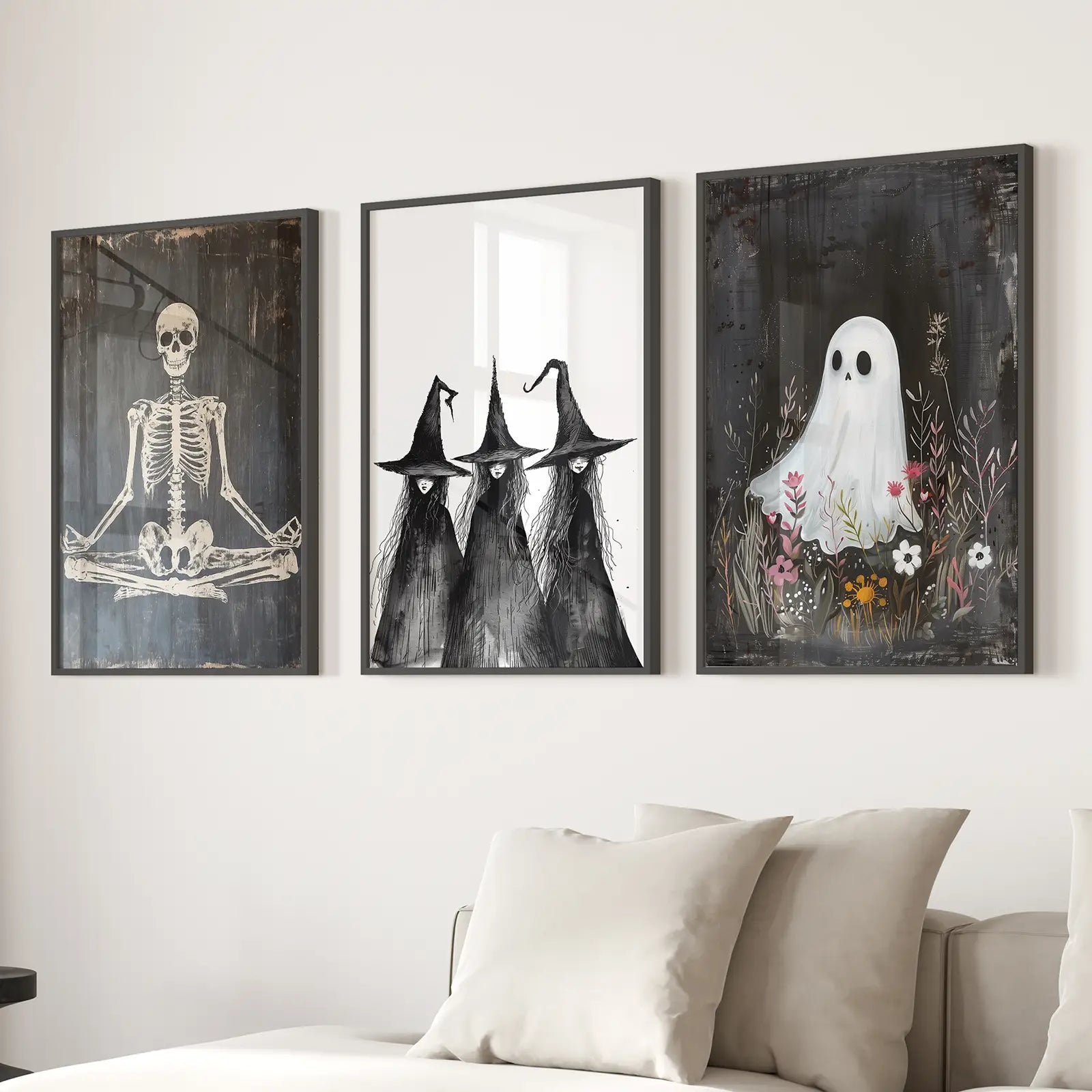 Halloween Wall Art Print Primitive Ghost Decor. Black Frames for Living Room.