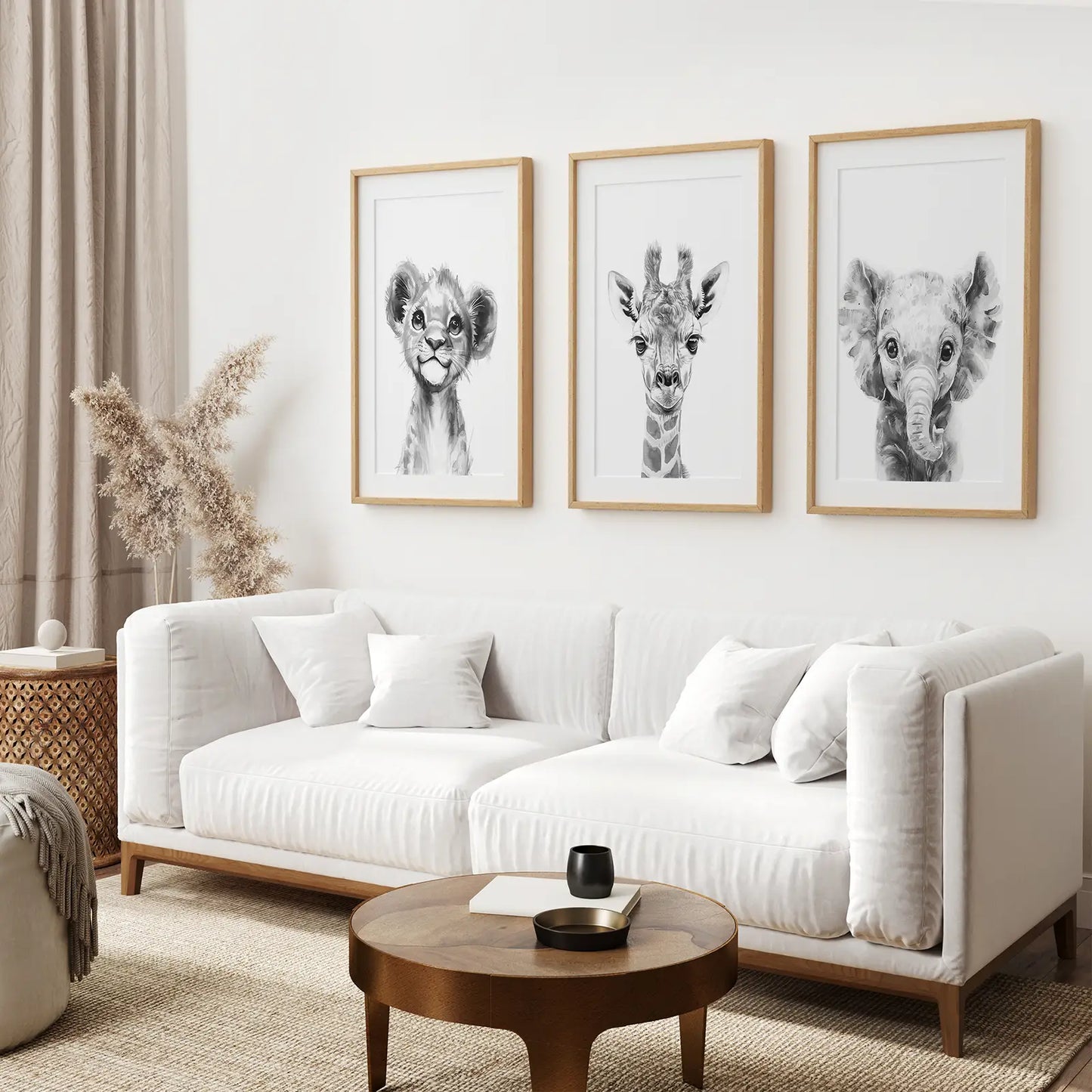 Baby Lion Black and White Modern Wall Art Poster Set. Thinwood Frames with Mat Over the Couch.