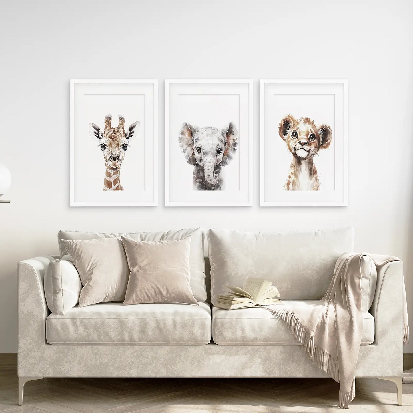 Funny Animals Trendy Art Decor Posters. White Frames with Mat Over the Couch.