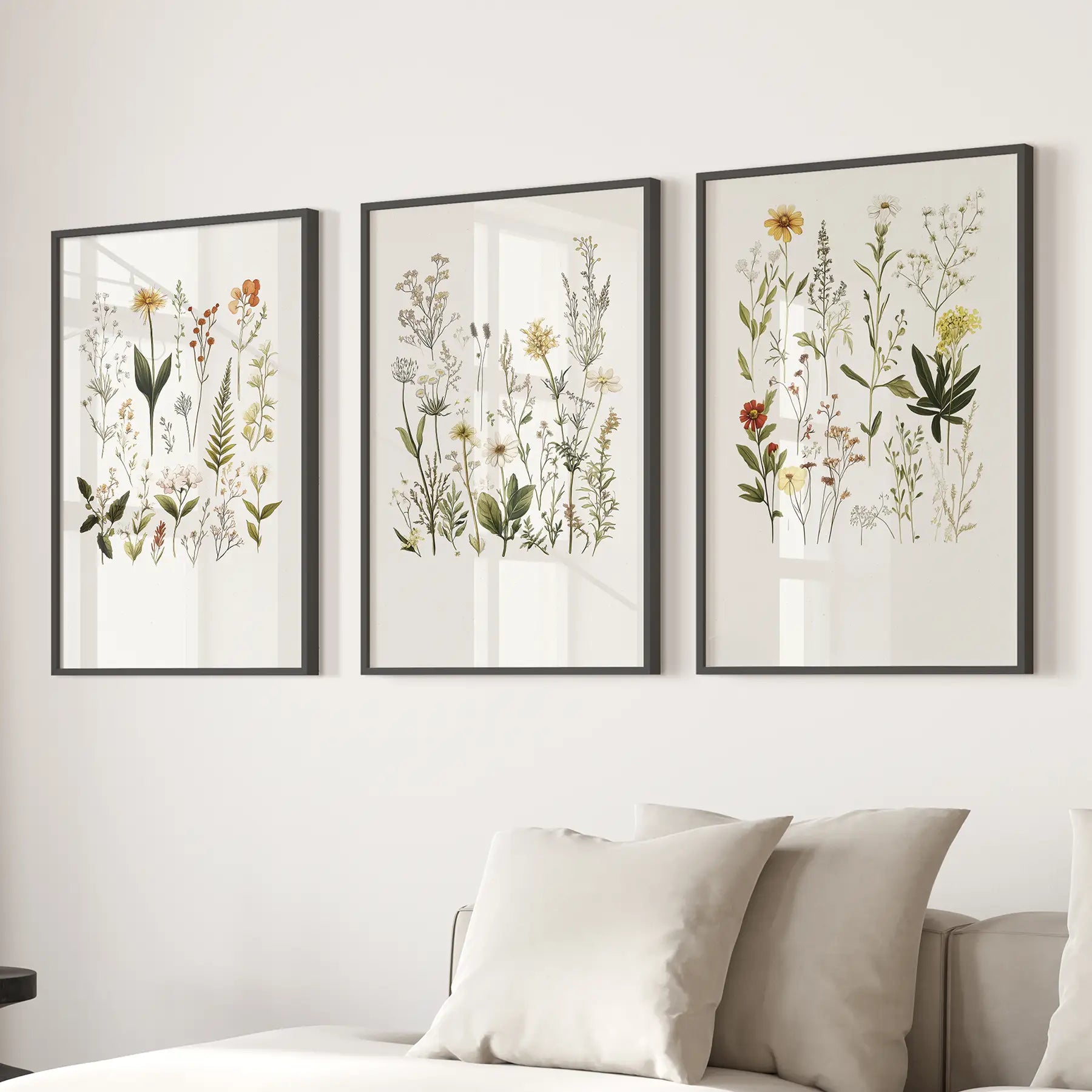 Gallery Wall Art  Floral Paintings Nursery Prints Decor. Black Frames Over the Couch.