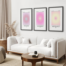 Load image into Gallery viewer, Modern Affirmation Aura Room Decor. Black Frames with Mat Above the Sofa. 
