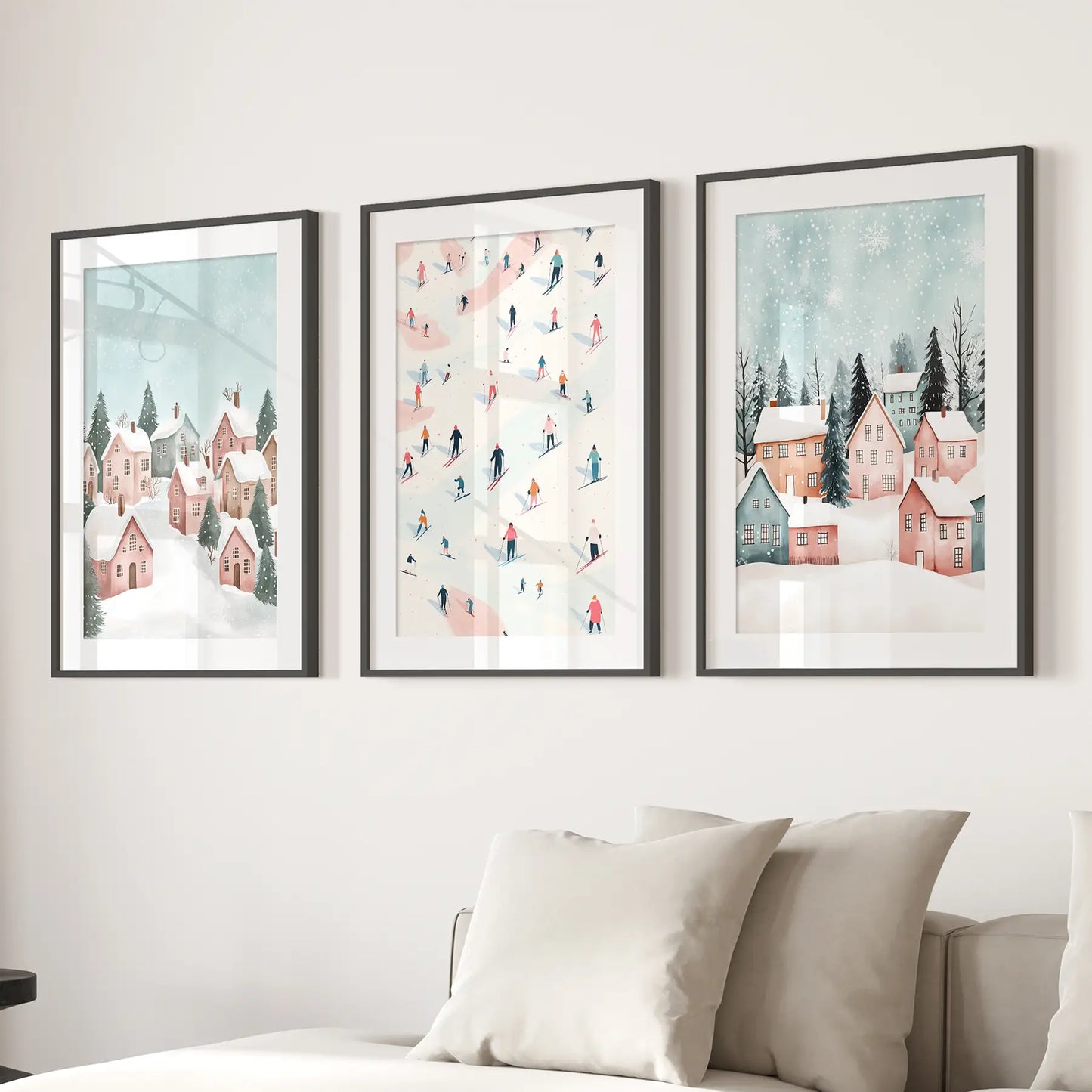 Festive Winter Town Scene Printable Wall Decoration. Black Frames with Mat Over the Couch.