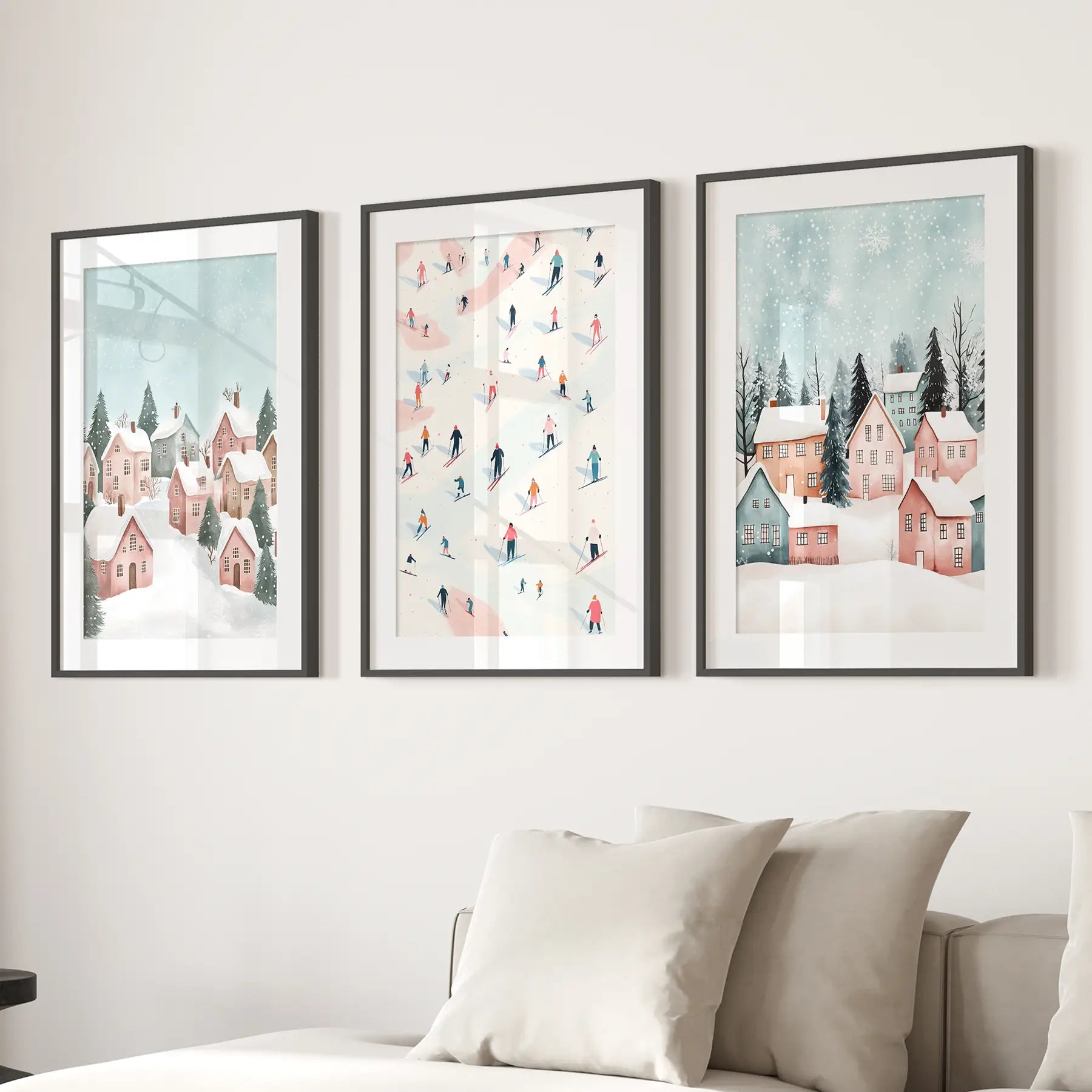 Festive Winter Town Scene Printable Wall Decoration. Black Frames with Mat Over the Couch.