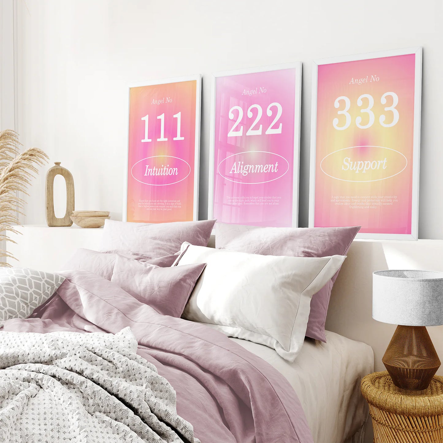 Angel Number 222 Balance Art Set. White Frames Over the Bed.