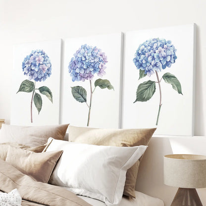 Hydrangea Light Blue Modern Wall Art Print. Stretched Canvas Over the Bed.