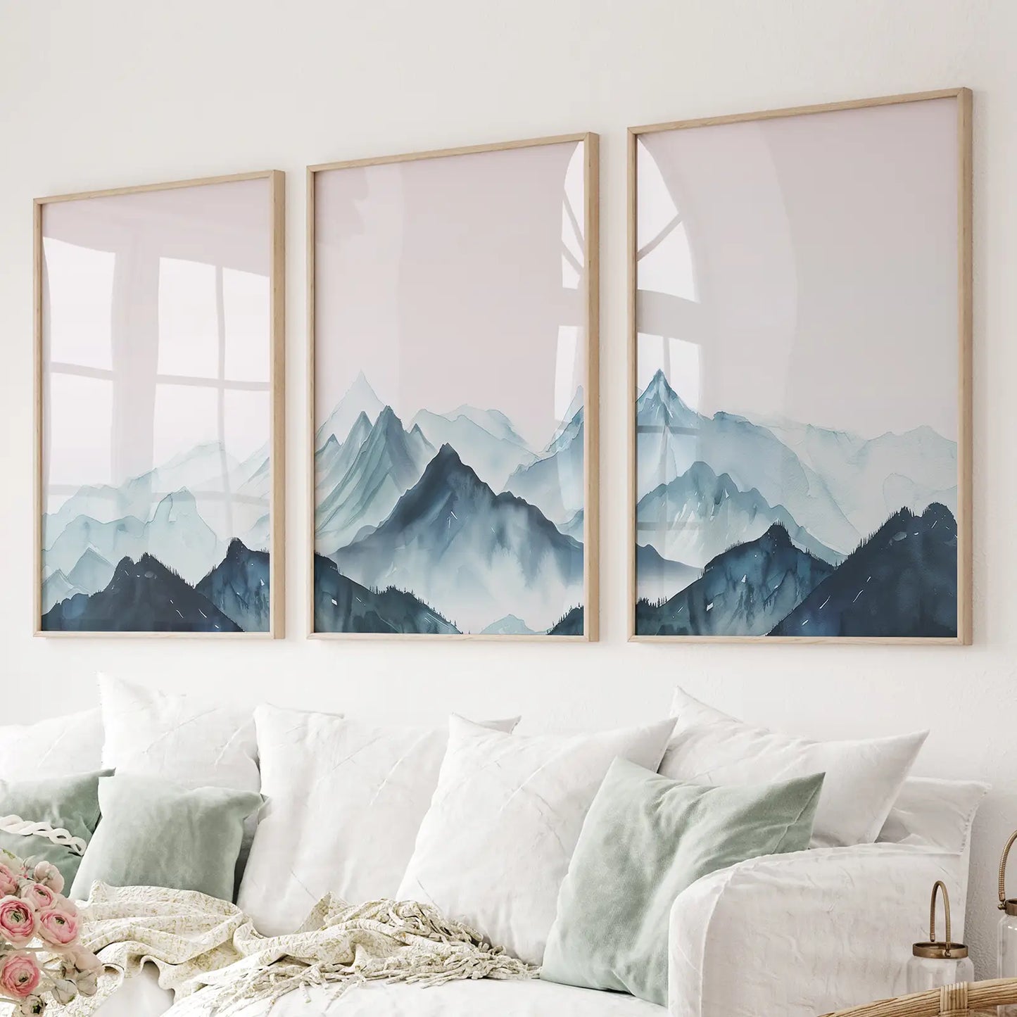 Soothing Nature Room Decor Foggy Wall Art Posters. Thinwood Frames Above the Sofa.