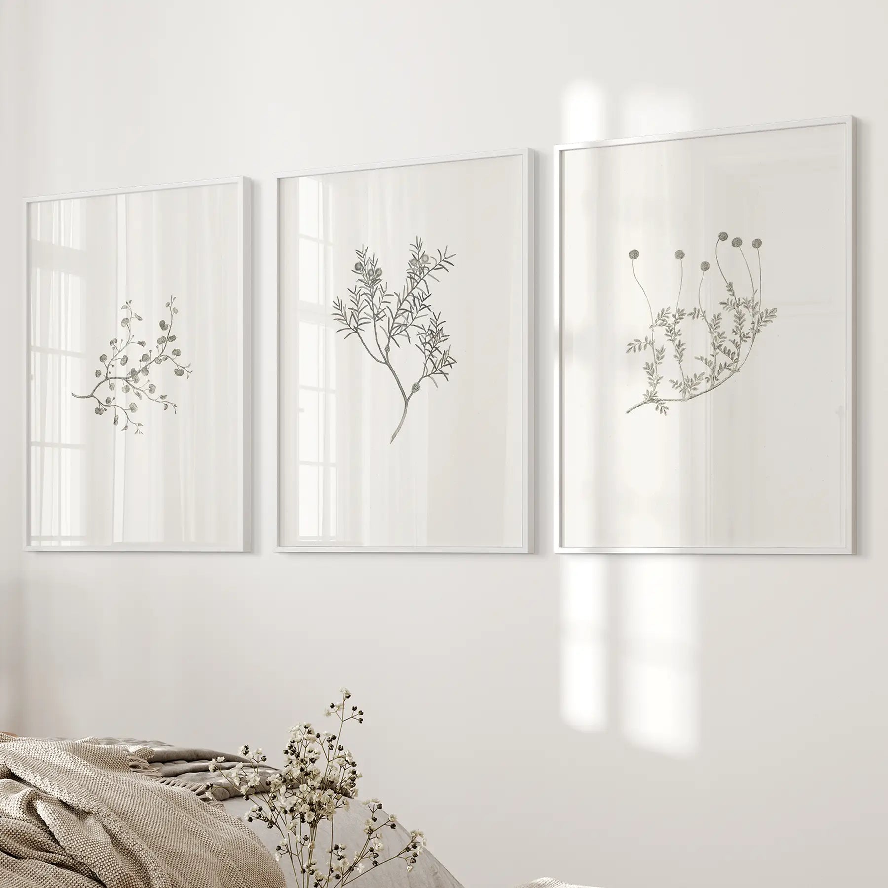 Farmhouse Home Decor Vintage Flowers Poster Art Set. White Frames Over the Bed.
