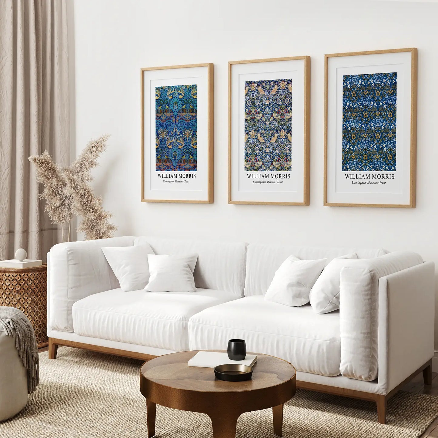 Art Nouveau Modern Wall Art Prints. Thinwood Frames with Mat Over the Coach.