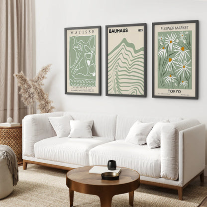 3 Piece Wall Art Matisse, Bauhaus,Yayoi Kusama Prints. Black Frames for Living Room.