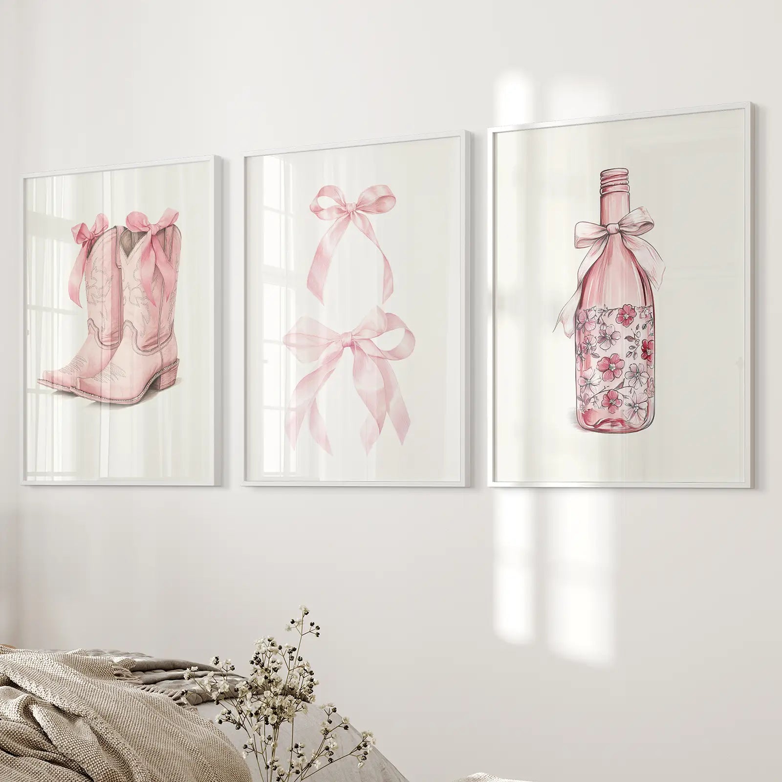 Floral  Champagne Print Coquette Room Decor. White Frames for Bedroom.