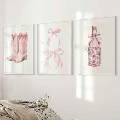 Floral  Champagne Print Coquette Room Decor. White Frames for Bedroom.