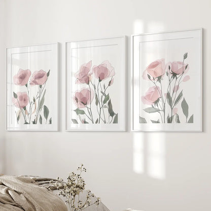 Girls Room Decor Modern Floral Print Set. White Frames with Mat Above the Bed.